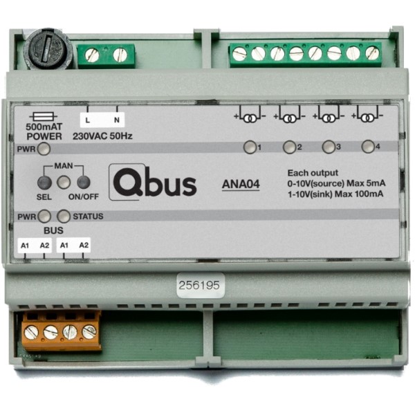 Qbus - Variateur analogue (4x 0/1-10V), avec commande manuelle et indication LED