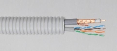 CABLEBEL - Elflex voorbedrade buis 20mm + coax 75 Ohm Telenet PVC grijs <30m + U/UTP CAT5e