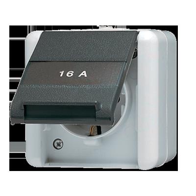 Jung - Prise saillie 2P+A(latérale) 16A 250V couvercle + porte-étiq. WG800 blanc/anthr.