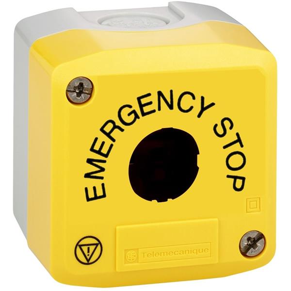 TELEMECANIQUE - geel leeg kastdeksel-grijze basis-1 uitsnijding-EMERGENCY STOP/logo ISO13850