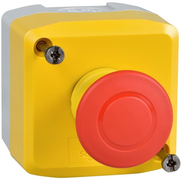 TELEMECANIQUE - geel station - 1 rode drukknop met vuistslagkop Ø40, duw-trek 1NC