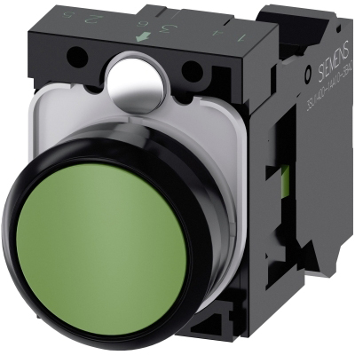 SIEMENS - BOUTON-POUSSOIR, 22MM, ROND, PLASTIQUE, VERT, TOUCHE, AFFLEURANT, A RAPPEL, AVEC