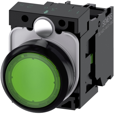SIEMENS - BOUTON-POUSSOIR LUMINEUX, 22MM, ROND, PLASTIQUE, VERT, TOUCHE, AFFLEURANT, A RAP
