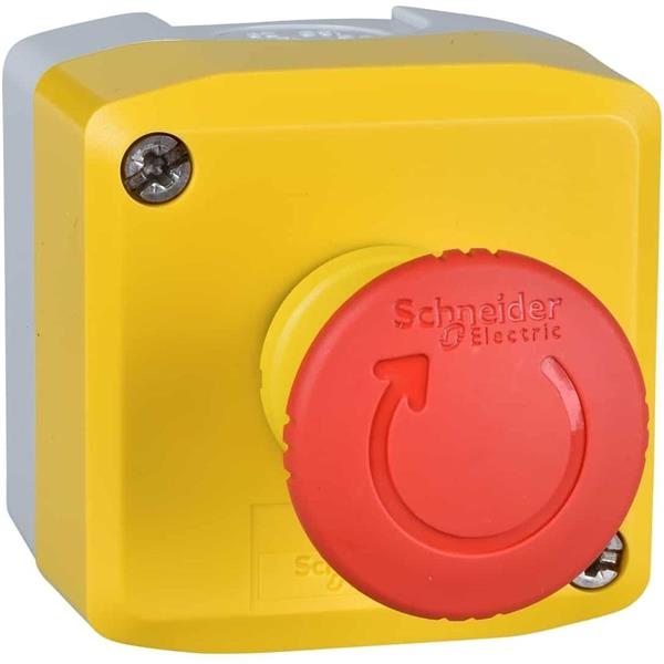 TELEMECANIQUE - geel station-1 rode drukknop met vuistslagkop Ø40, draaien om te ontgr. 1NC