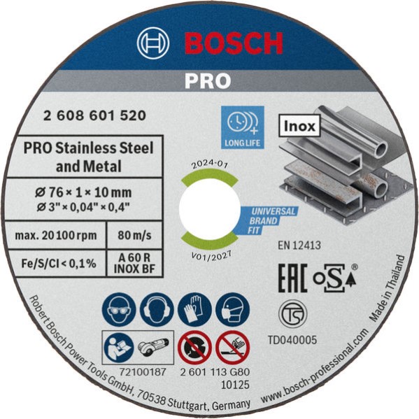 BOSCH - Disque à tronçonner Expert for Inox Ø 76mm, alésage 10mm, épaisseur 1,0mm, 5 pcs