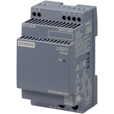 SIEMENS - LOGO!POWER 12V/4.5A gestabiliseerde voeding 100-240 V AC output: 12V/4.5A DC