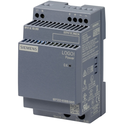 SIEMENS - LOGO!POWER 24V/2.5A gestabiliseerde voeding 100-240 V AC output: 24V/2.5A DC